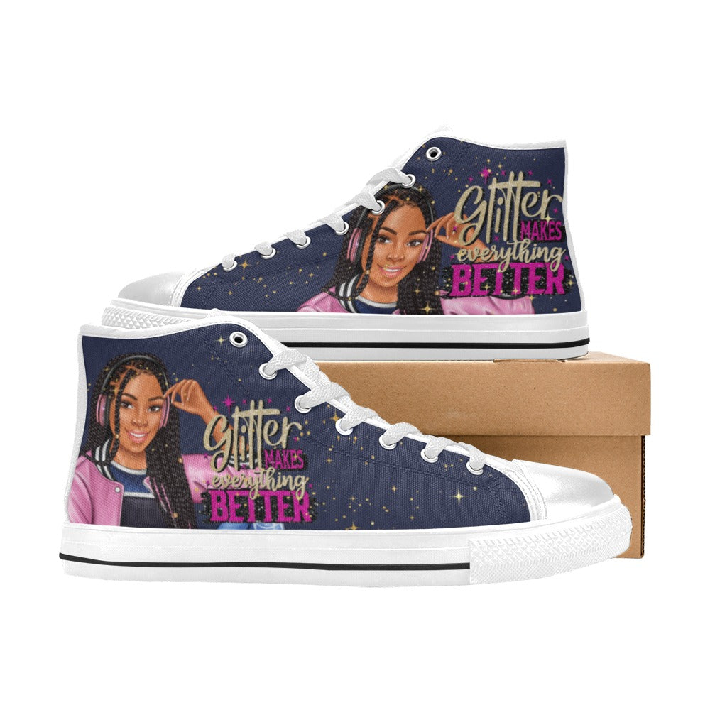 Glitter Makes Everything Better Dark Blue High Top Canvas Shoes for Kid (Model 017)