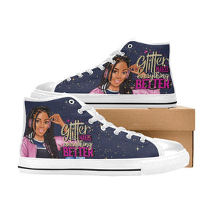 Glitter Makes Everything Better Dark Blue High Top Canvas Shoes for Kid (Model 017)