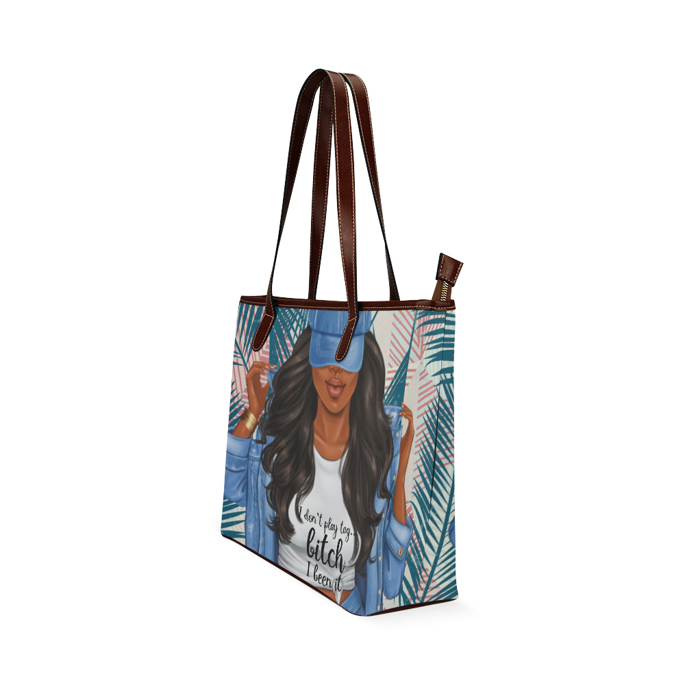 I dont play tag Blk Hair Brwn Straps Shoulder Tote Bag (Model 1646)