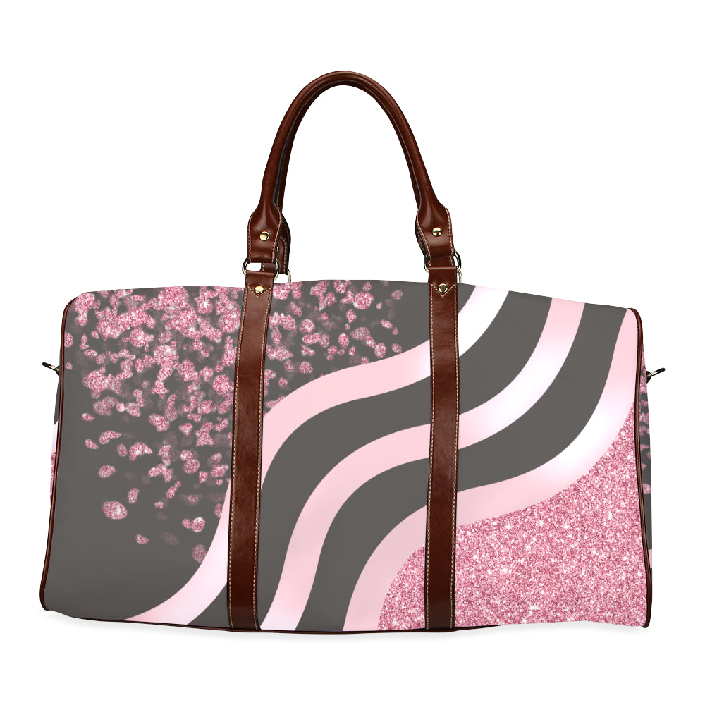 Pink Stripes and Glitter Brown Straps Waterproof Travel Bag/Small (Model 1639)