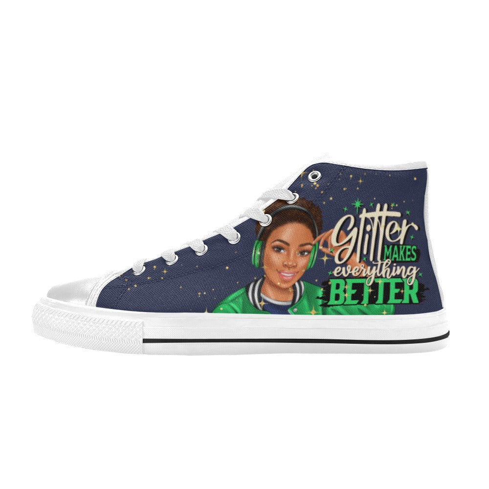 Glitter Makes Everything Better in Green High Top Canvas Shoes for Kid (Model 017)