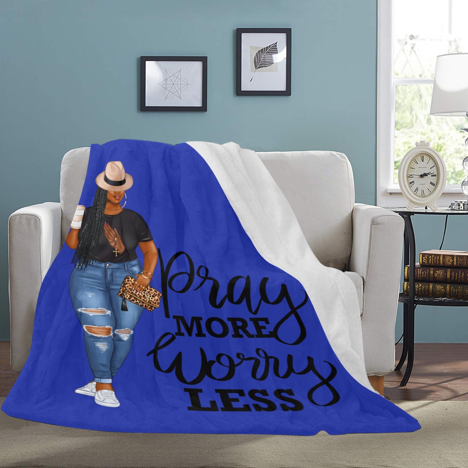 Pray More Worry Less Blue Praying Hands Blanket Ultra-Soft Micro Fleece Blanket 70''x80''