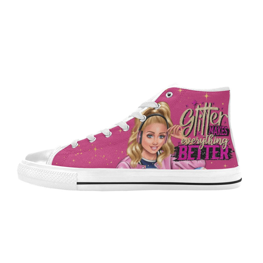 Glitter Makes Everything Better Blonde Ponytail High Top Canvas Shoes for Kid (Model 017)