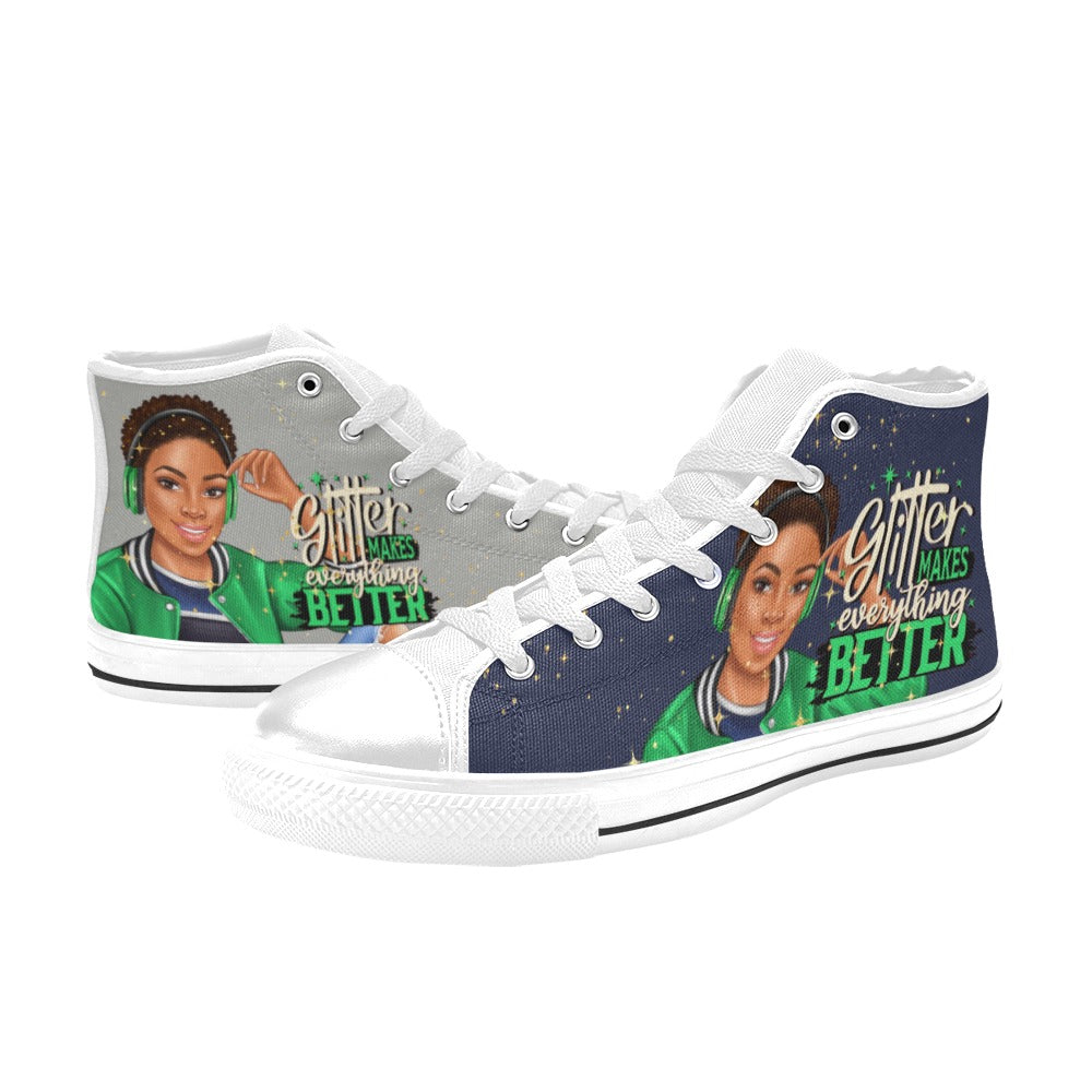 Glitter Makes Everything Better in Green High Top Canvas Shoes for Kid (Model 017)