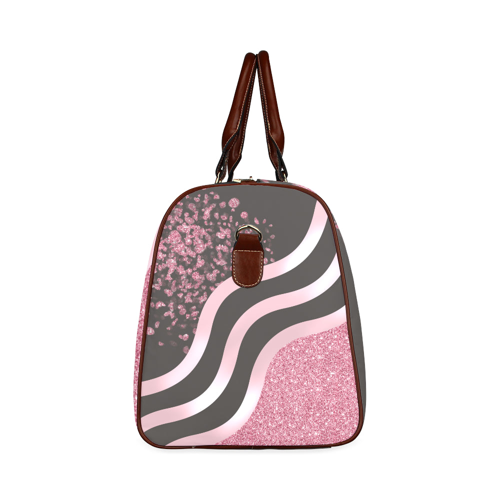 Pink Stripes and Glitter Brown Straps Waterproof Travel Bag/Small (Model 1639)