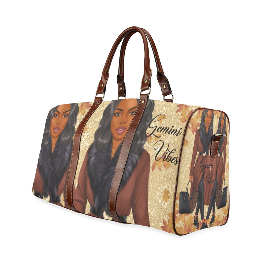 Gemini Vibes Wavy Bob and Fur Collar Waterproof Travel Bag/Small (Model 1639)