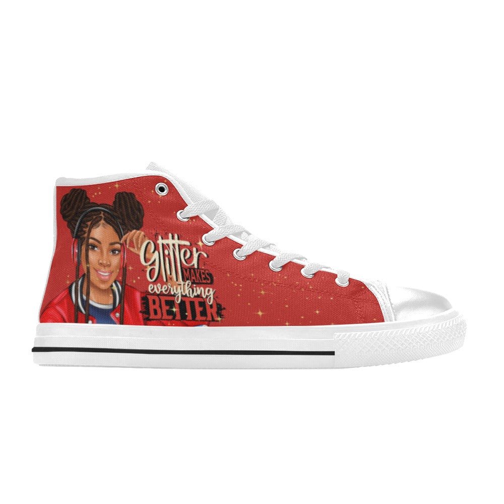 Glitter Makes Everything Better in Red High Top Canvas Shoes for Kid (Model 017)
