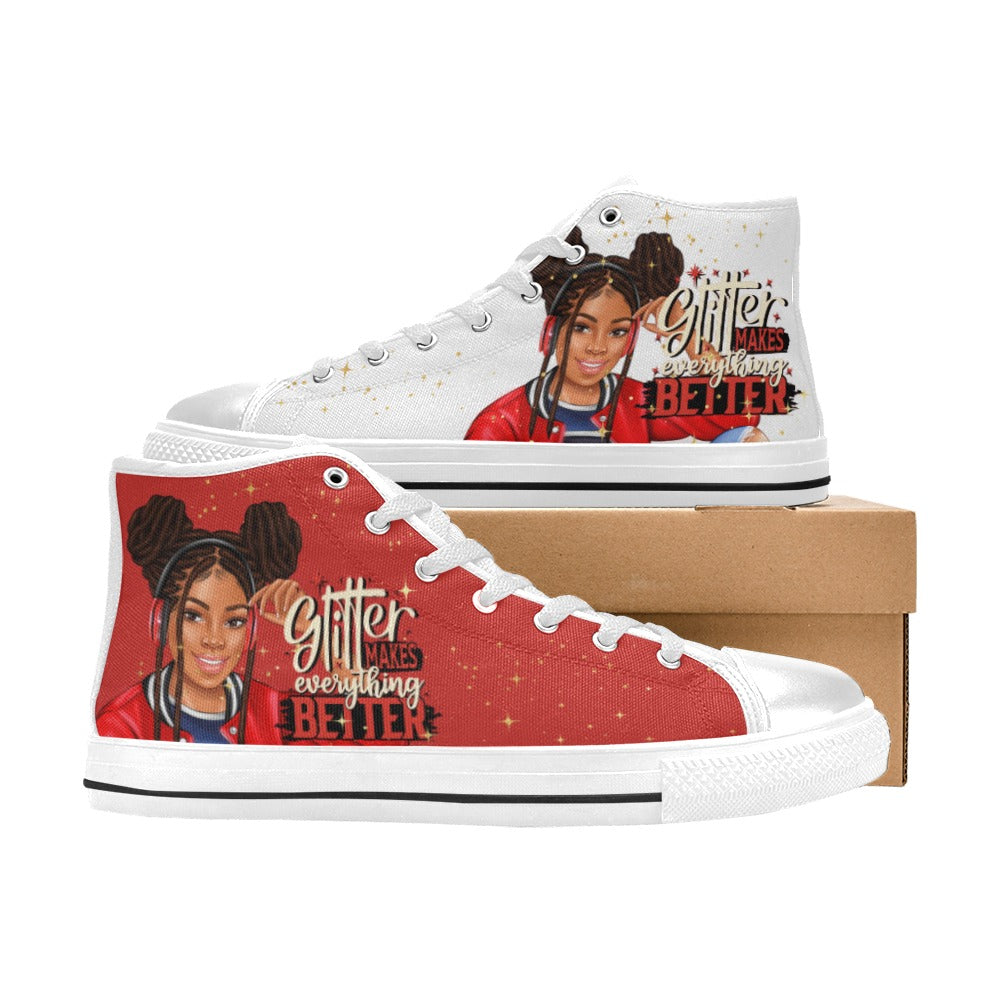 Glitter Makes Everything Better in Red High Top Canvas Shoes for Kid (Model 017)