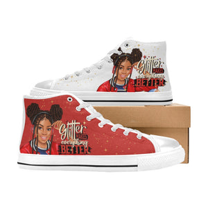 Glitter Makes Everything Better in Red High Top Canvas Shoes for Kid (Model 017)