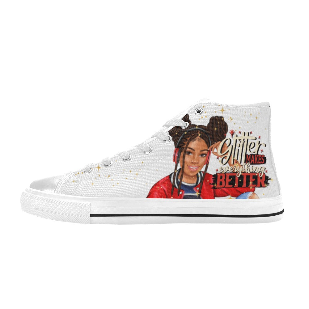 Glitter Makes Everything Better in Red High Top Canvas Shoes for Kid (Model 017)