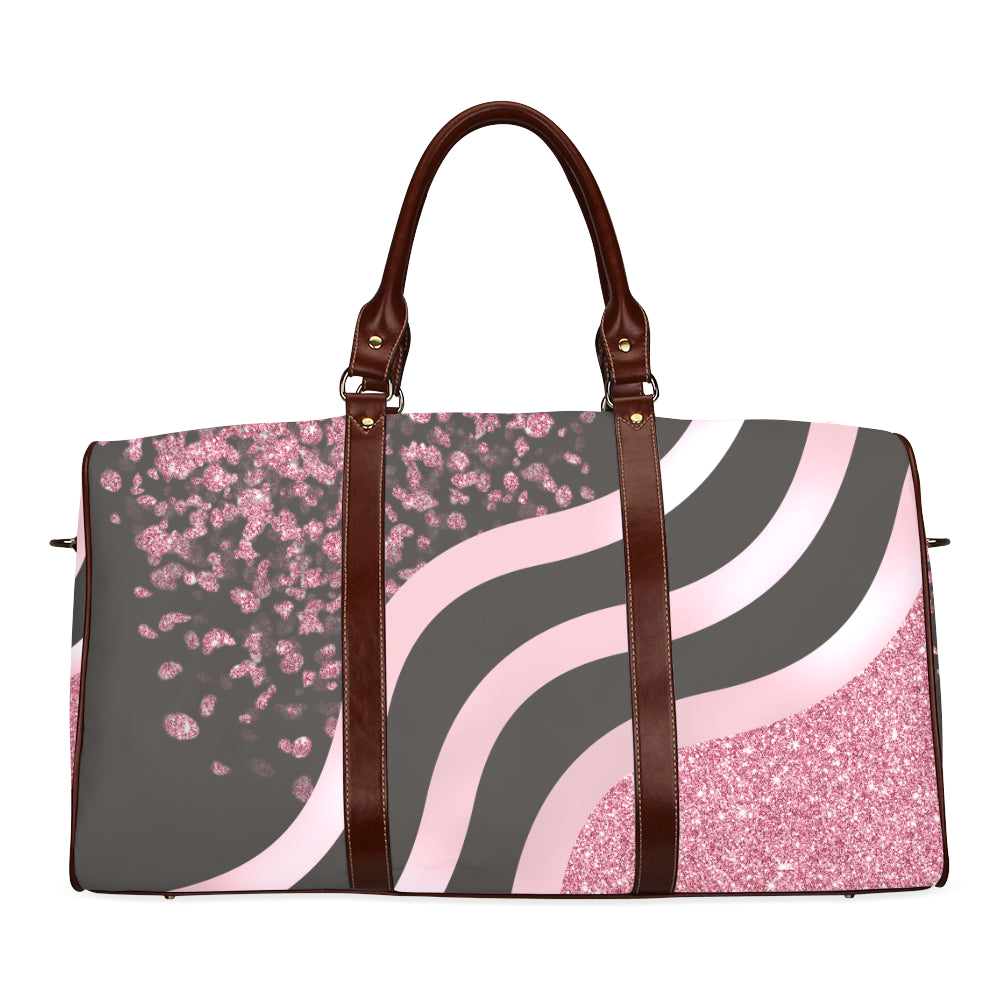 Pink Stripes and Glitter Brown Straps Waterproof Travel Bag/Small (Model 1639)