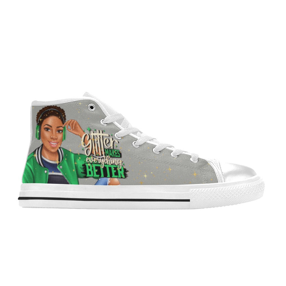 Glitter Makes Everything Better in Green High Top Canvas Shoes for Kid (Model 017)