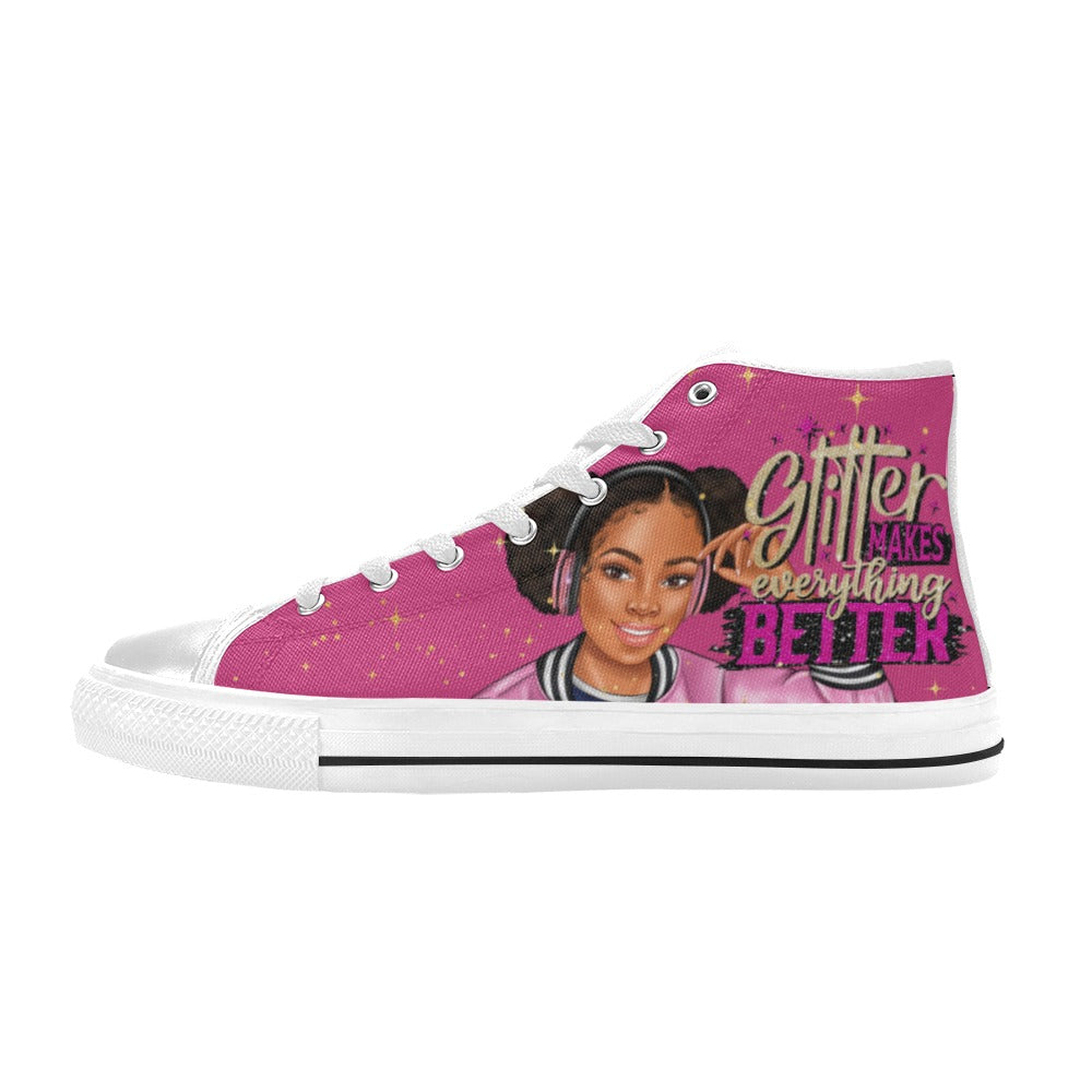 Glitter Makes Everything Better Side Ponytails High Top Canvas Shoes for Kid (Model 017)
