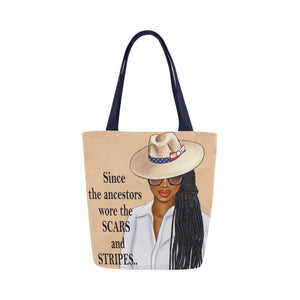 Since the Ancestors Wore the Scars and Stripes Tan Fedora Canvas Tote Bag (Model 1657)