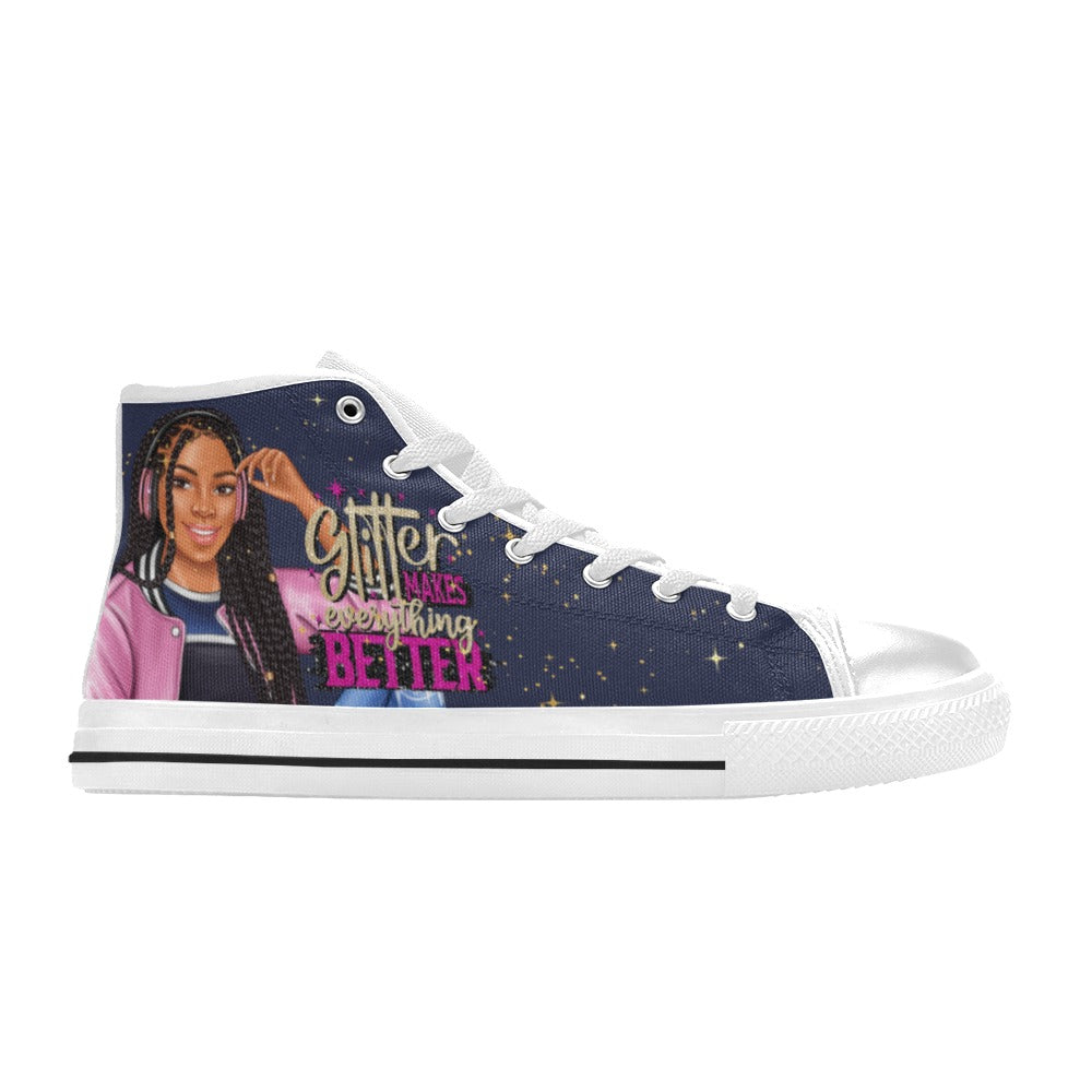 Glitter Makes Everything Better Dark Blue High Top Canvas Shoes for Kid (Model 017)