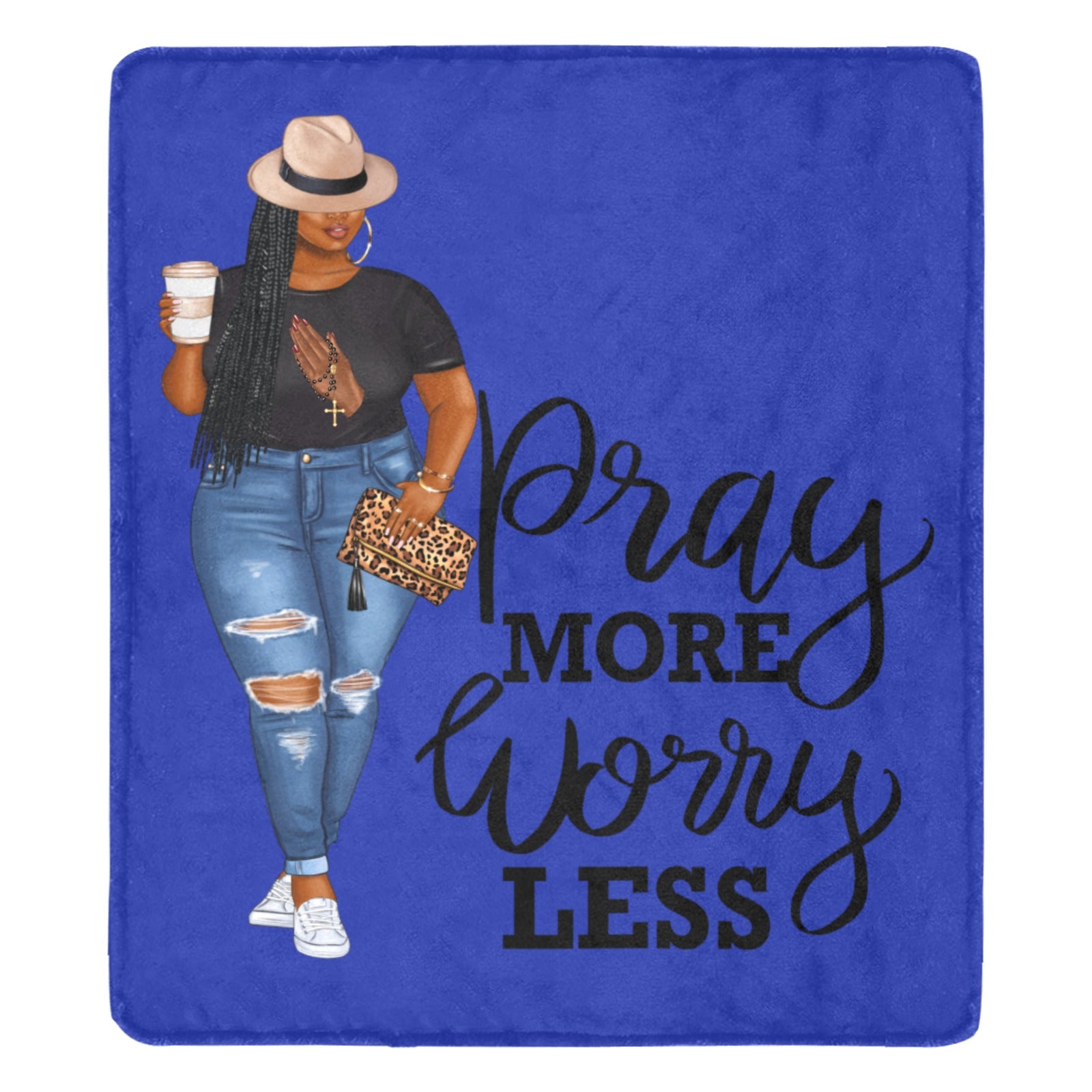 Pray More Worry Less Blue Praying Hands Blanket Ultra-Soft Micro Fleece Blanket 70''x80''