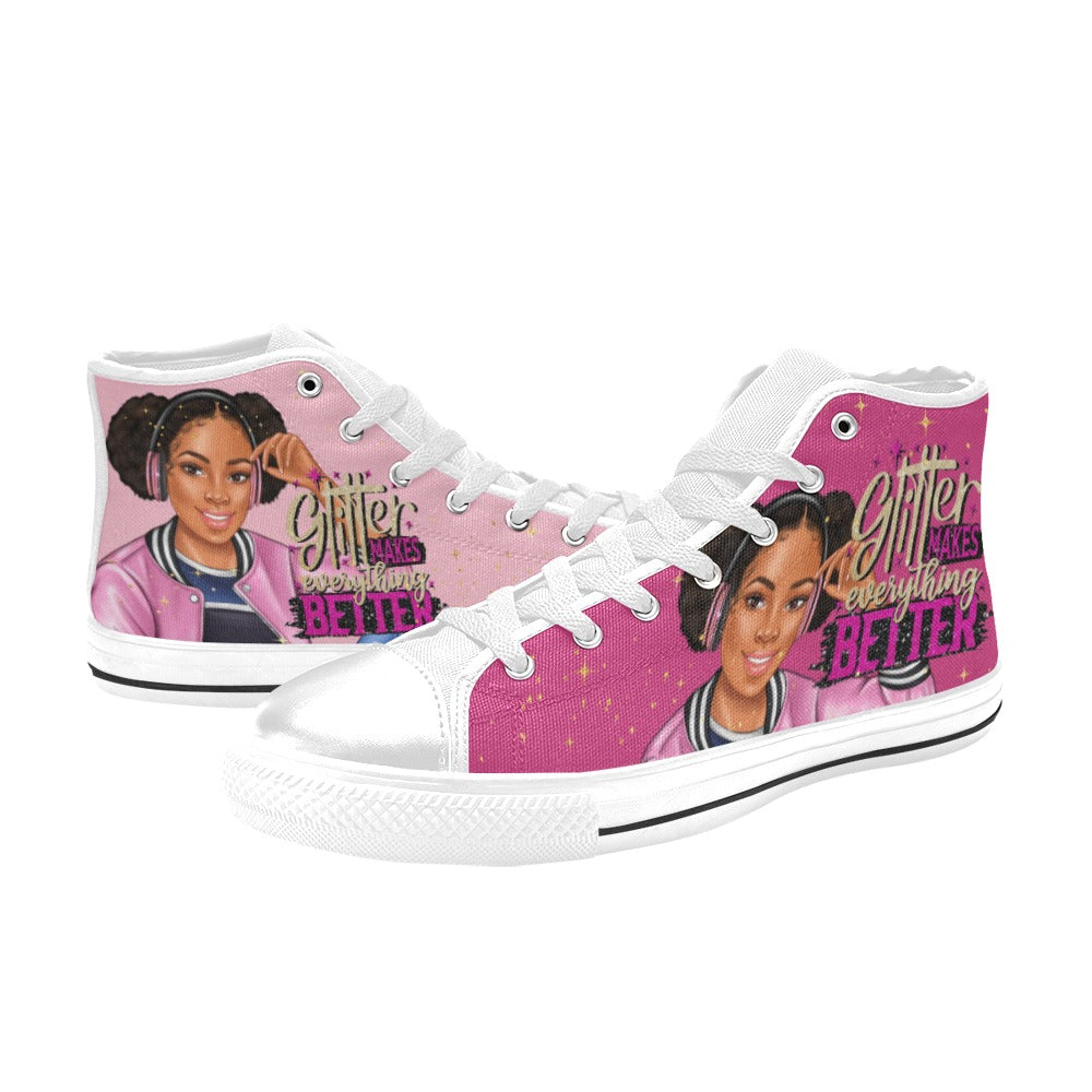 Glitter Makes Everything Better Side Ponytails High Top Canvas Shoes for Kid (Model 017)