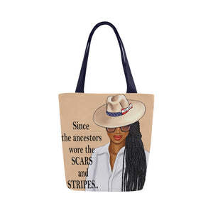 Since the Ancestors Wore the Scars and Stripes Tan Fedora Canvas Tote Bag (Model 1657)