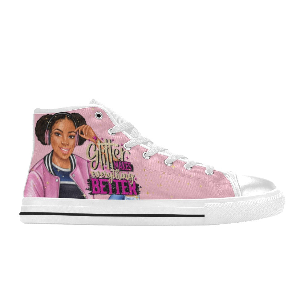 Glitter Makes Everything Better Side Ponytails High Top Canvas Shoes for Kid (Model 017)