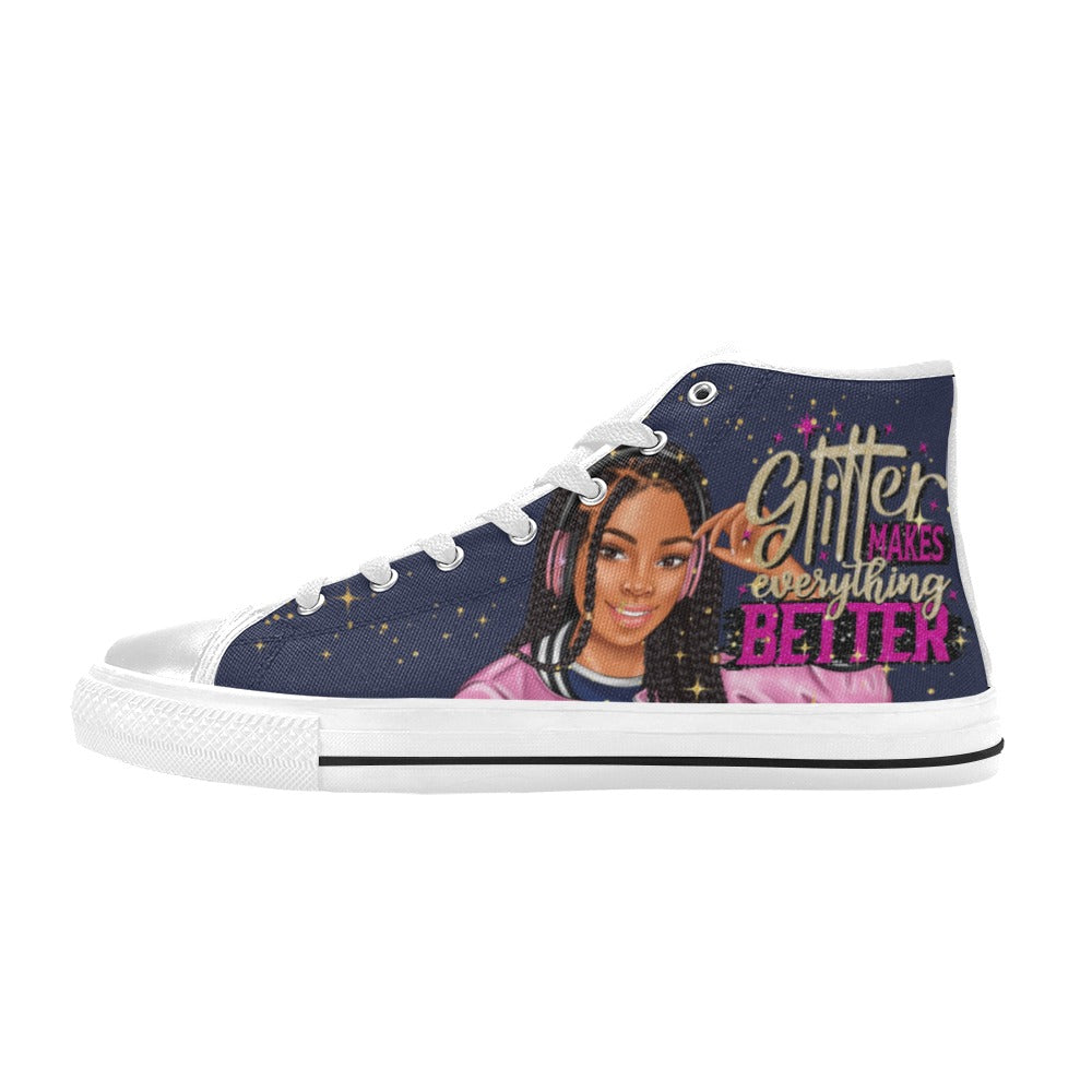 Glitter Makes Everything Better Dark Blue High Top Canvas Shoes for Kid (Model 017)