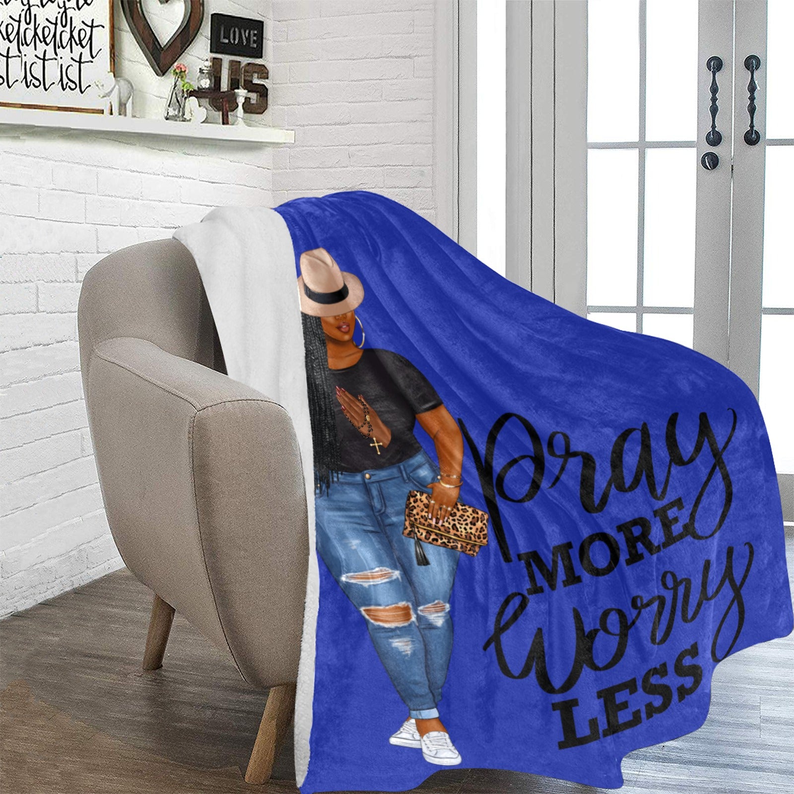 Pray More Worry Less Blue Praying Hands Blanket Ultra-Soft Micro Fleece Blanket 70''x80''